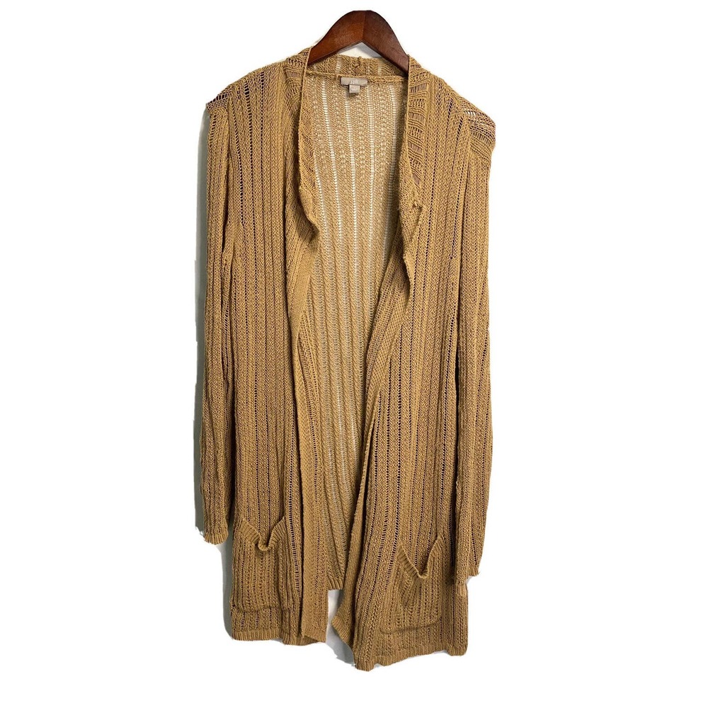 J. Jill Womens Long Open Front Cardigan Open Knit Linen Blend Brown Size Large